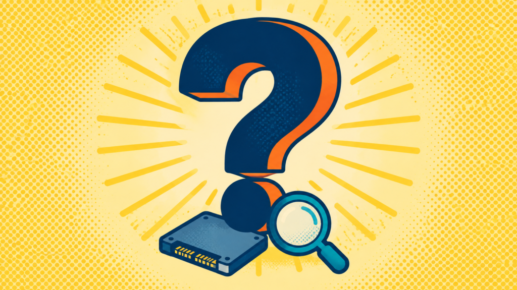EaseUS Partition Master Review: Is Pro Worth It? 6 Large question mark with magnifying glass and circuit chip for disk management FAQs.