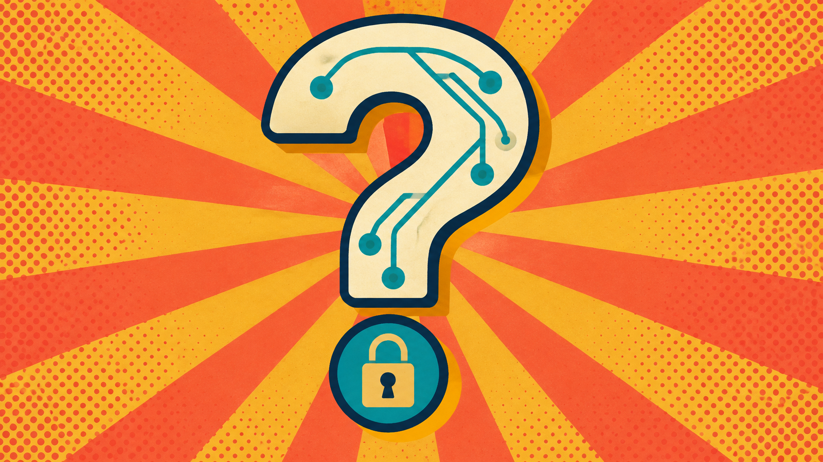 Circuit-pattern question mark with a padlock representing AI security questions.