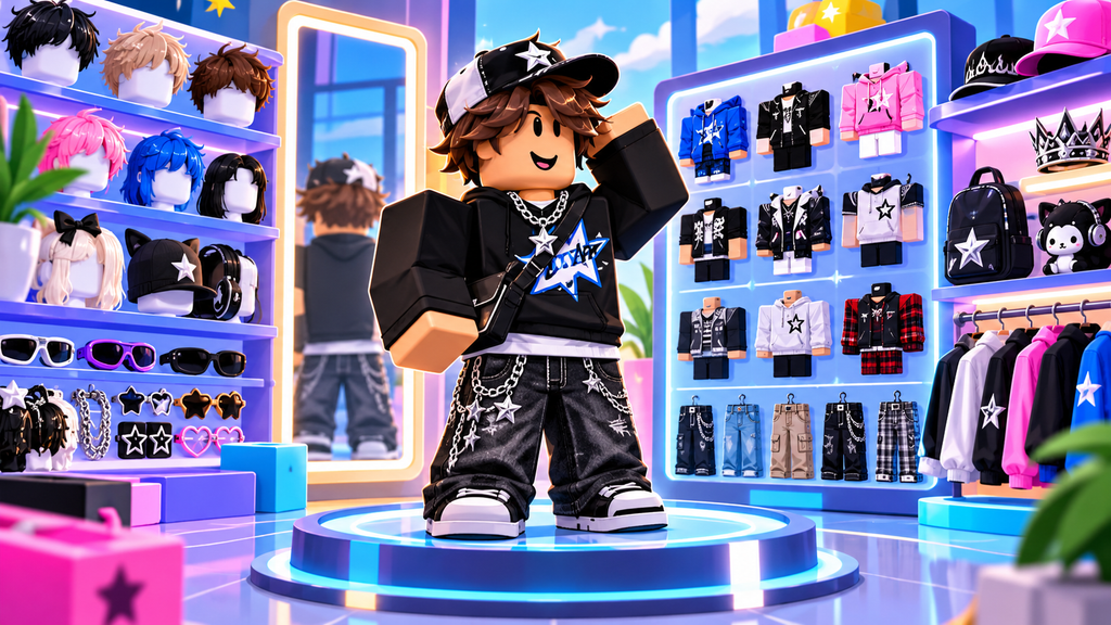 Roblox passkey not working error in neon streetwear try-on hub with star chains avatar display.