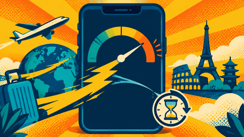 Saily vs Airalo: 7 Critical Differences Before You Buy 2 Travel eSIM data speed limit illustrated by smartphone speedometer and hourglass