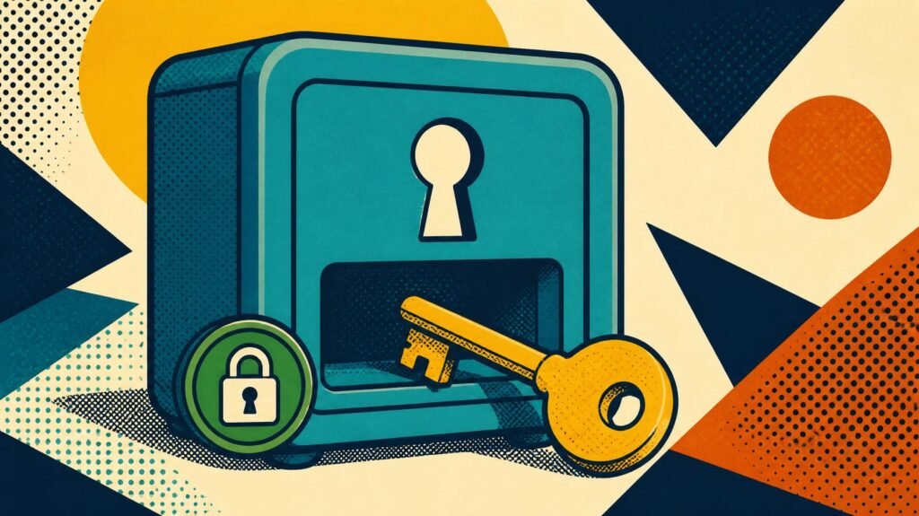 Teal credential safe with a yellow key and padlock badge.