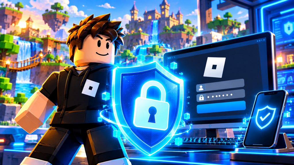 Blocky Roblox hero with glowing shield hologram for enhanced protection, 2 step verification, passkey, backup codes.
