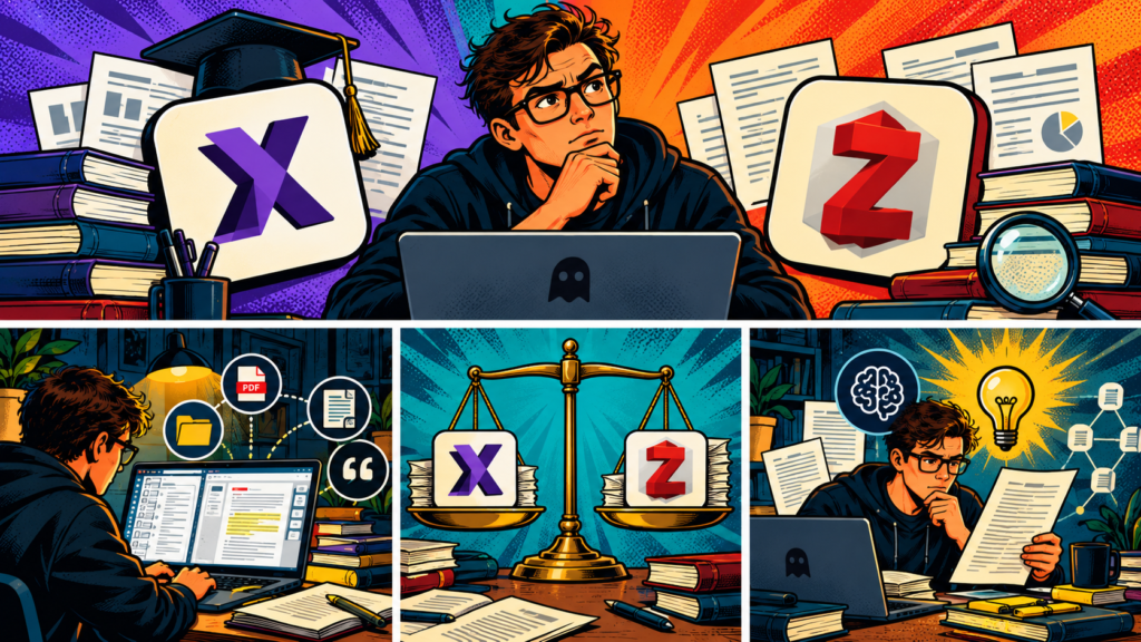 Comic digital study collage comparing X vs Z with documents, laptops, books, and balance scales.